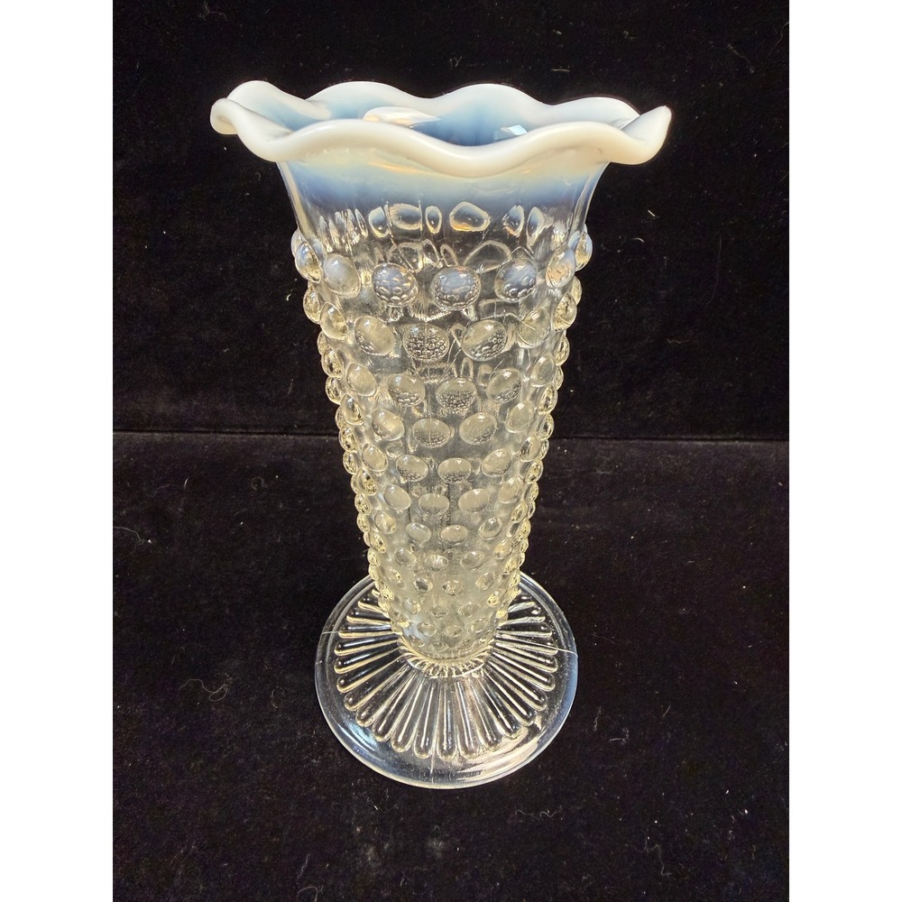 Anchor Hocking Glass Vase Opalescent Ruffled Rim Clear Pedestal Trumpet Vintage